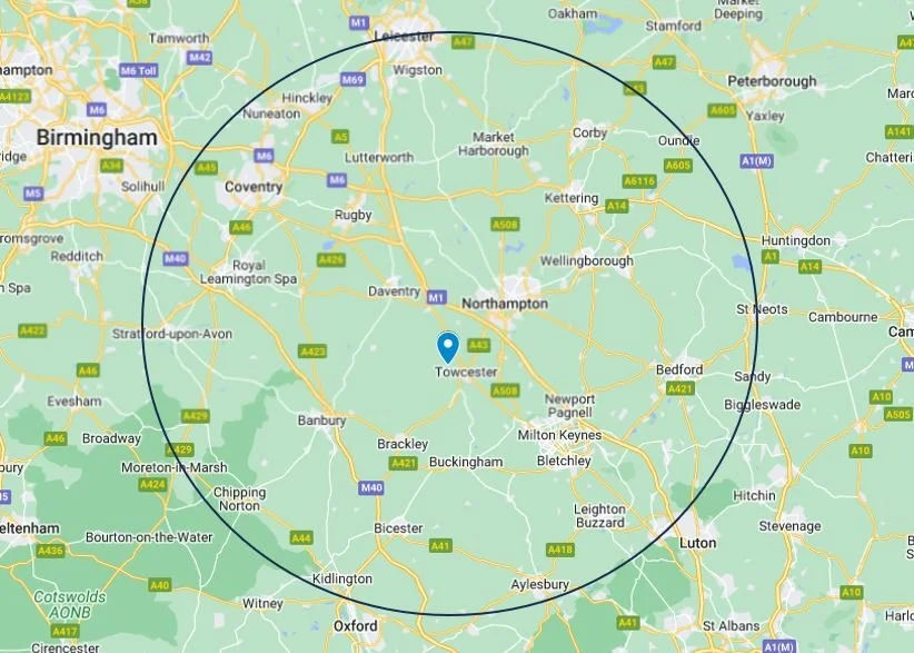 Map of the V True Properties service area centred on Towcester
